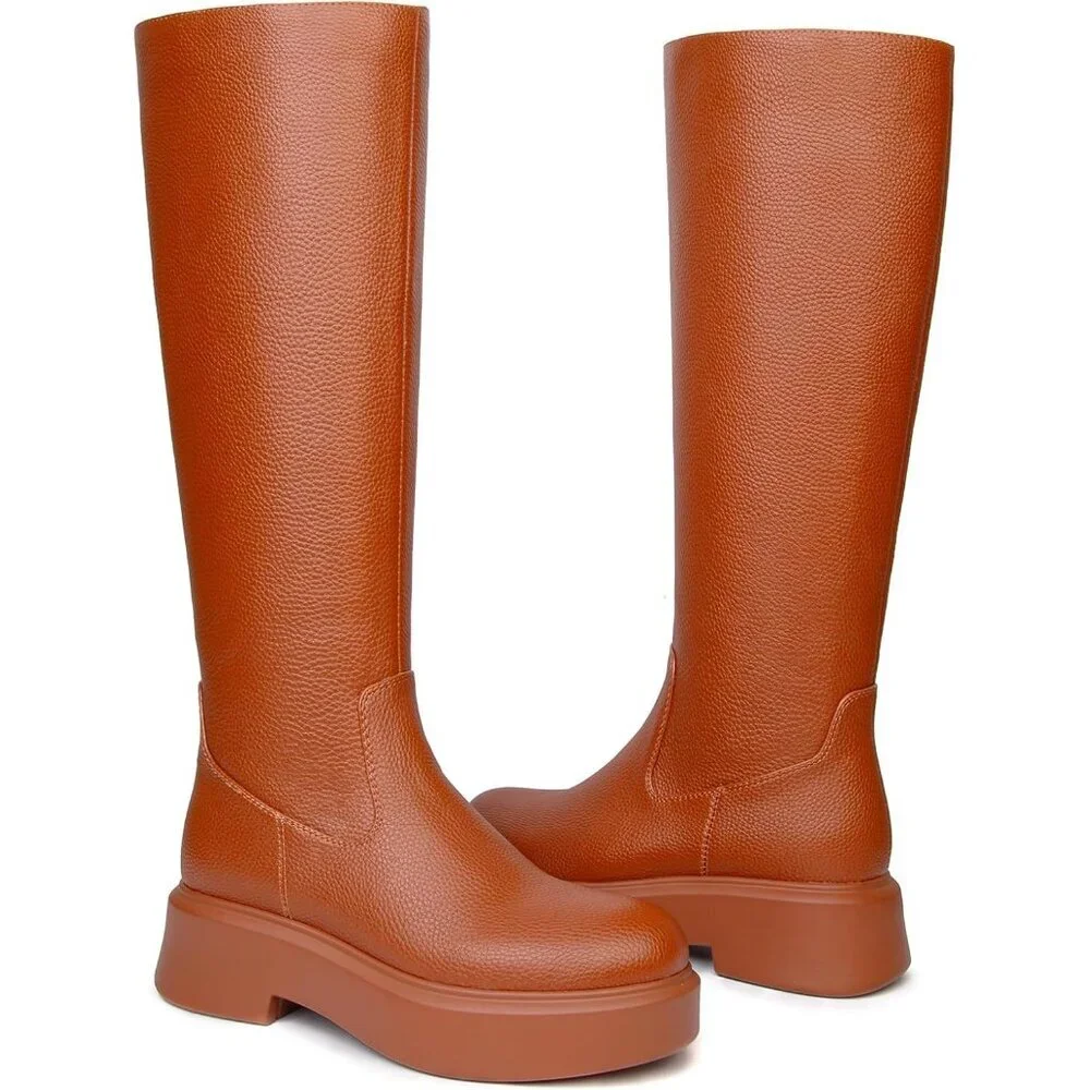 Women's Brown Knee Leather Platform Chelsea Boots Front Zip Chunky Combat Bootie - Picture 6 of 6